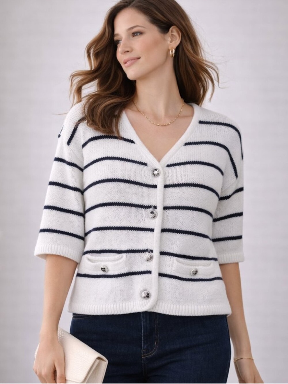 Talbots White and Navy Striped V-Neck Button Cardigan Size XL